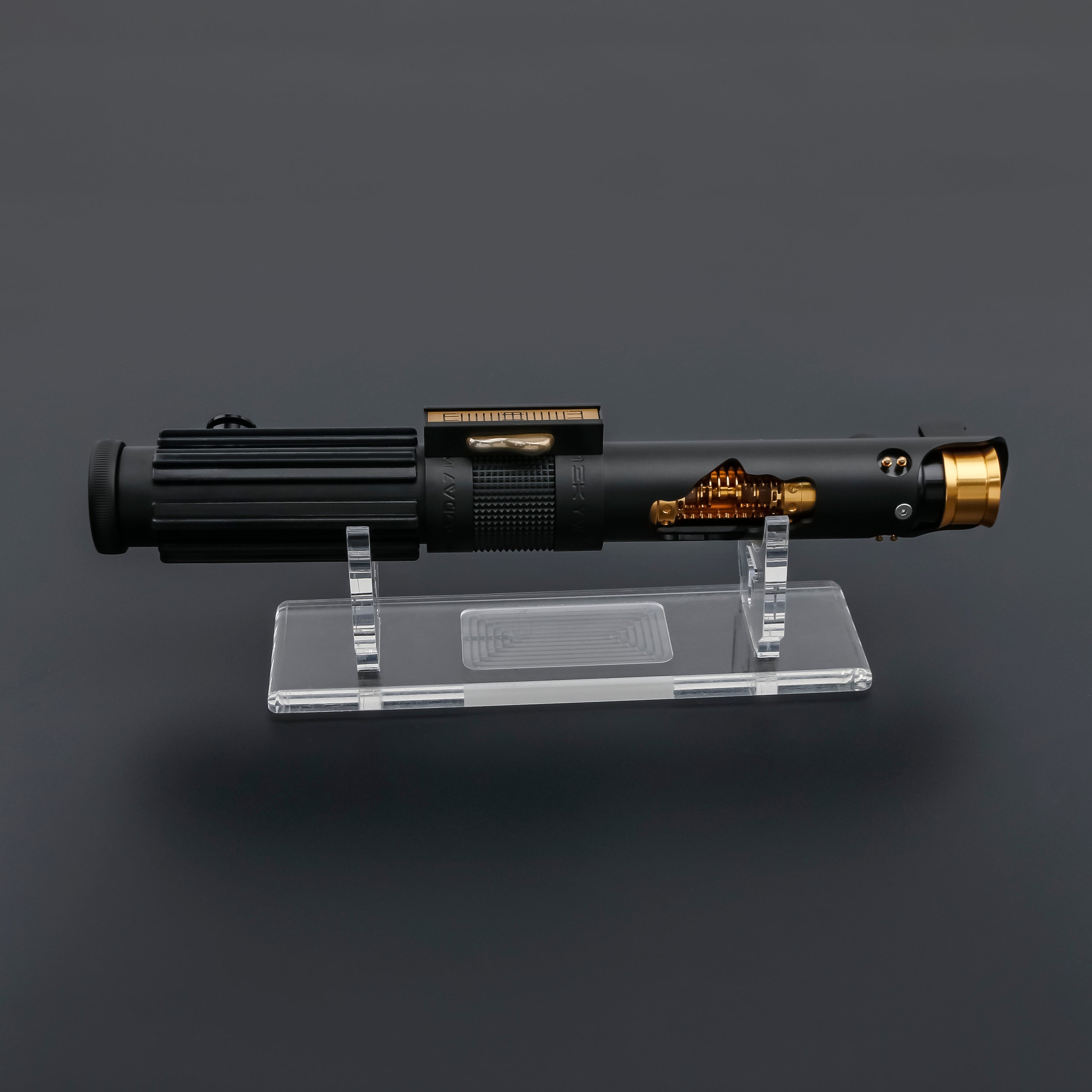 Anakin exposed spinning crystal lightsaber on the display stand