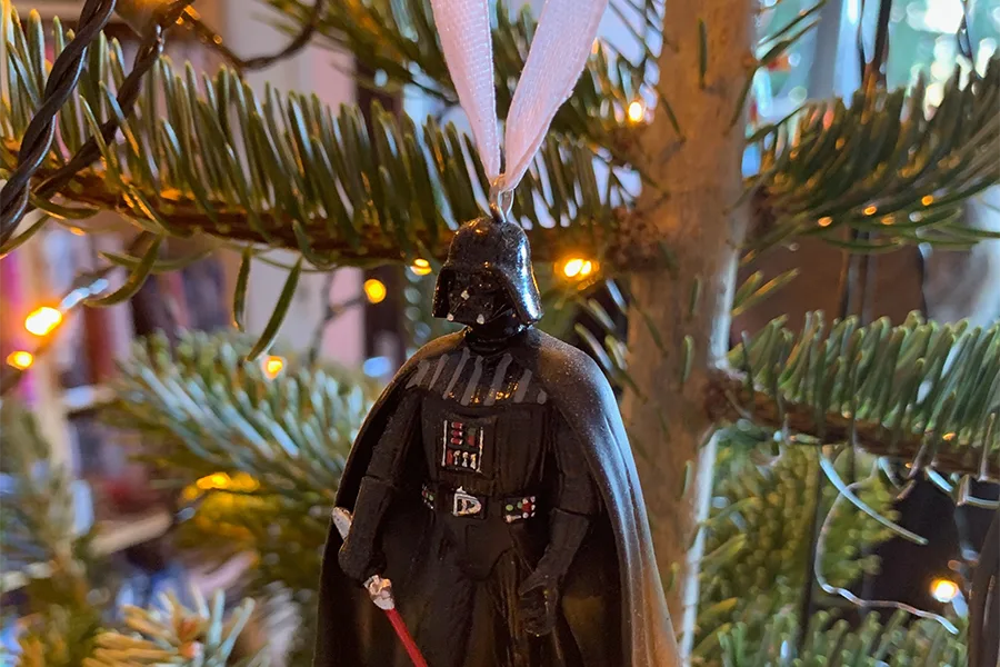Vader doll hanging on Christmas tree