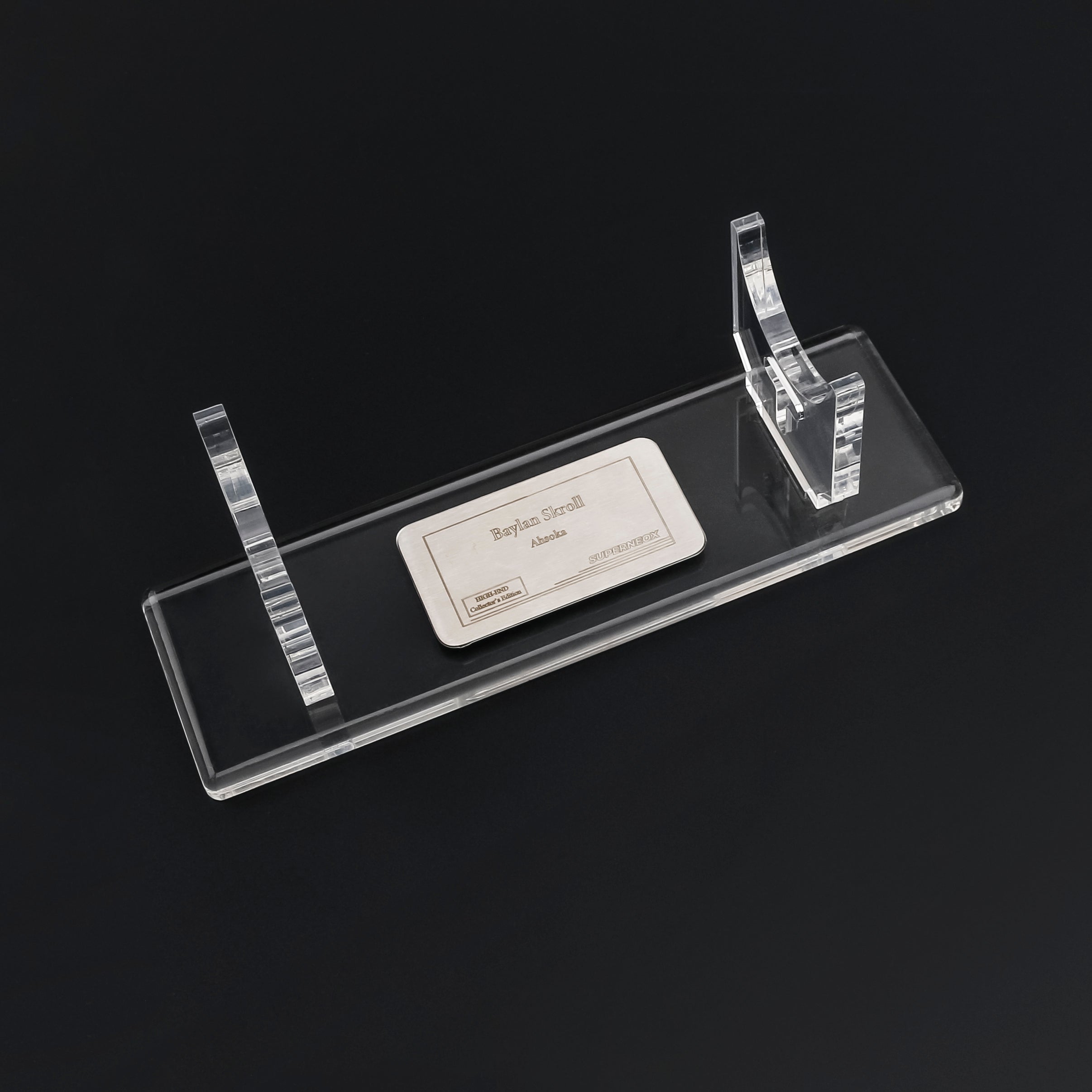 Lightsaber nameplate on display stand 